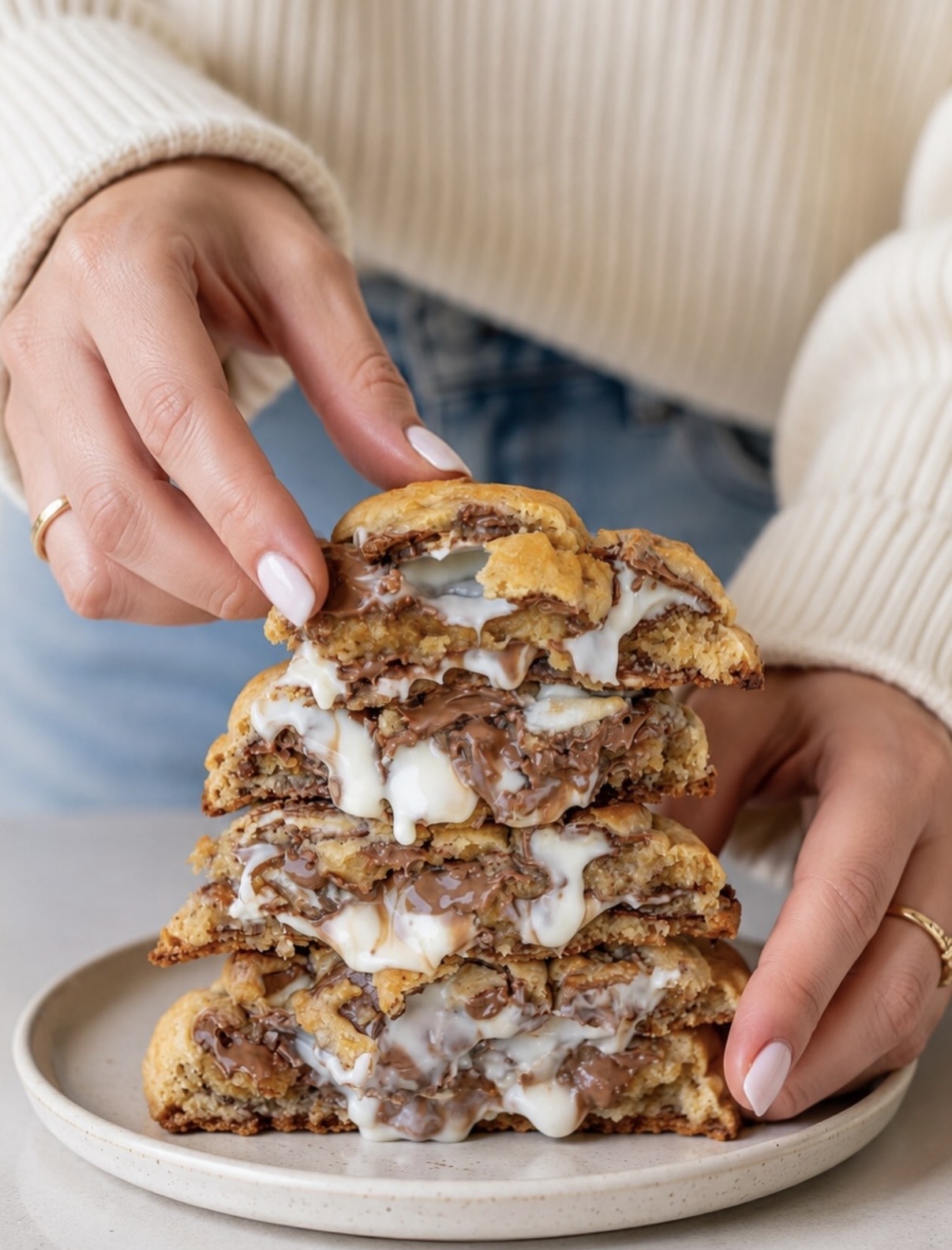 Hands lifting a stack of thick cookies oozing milk and white chocolate