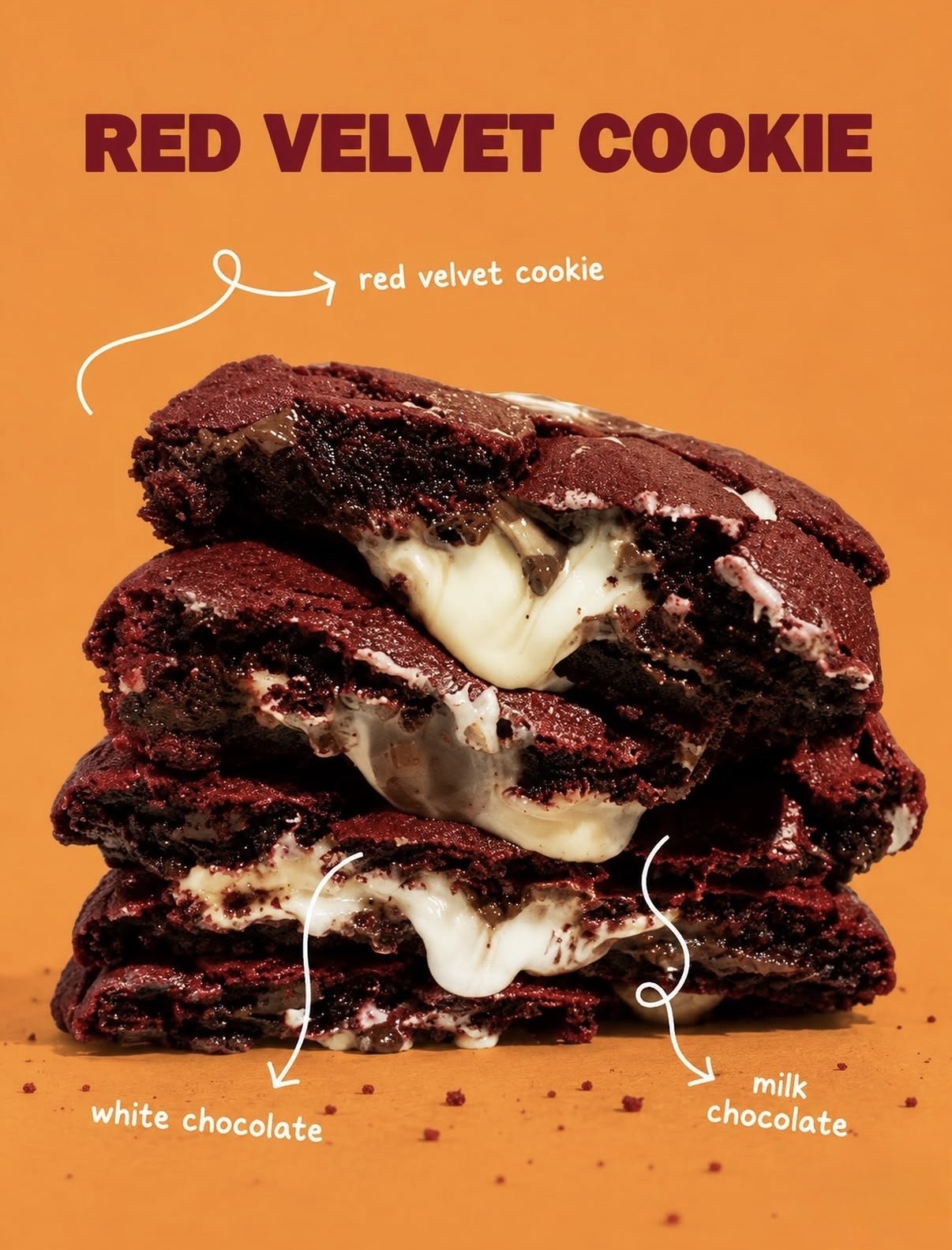 Carmelies red velvet cookie stacked and oozing white and milk chocolate